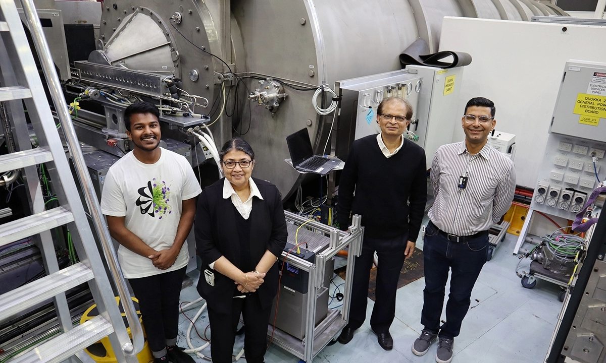 Dr Nisal Wanasingha, Professor Namita Roy Choudhury, Professor Naba Dutta and Associate Professor Jitendra Mata with Quokka, the small angle neutron scattering instrument at the Australian Centre for Neutron Scattering. Credit: ANSTO. 