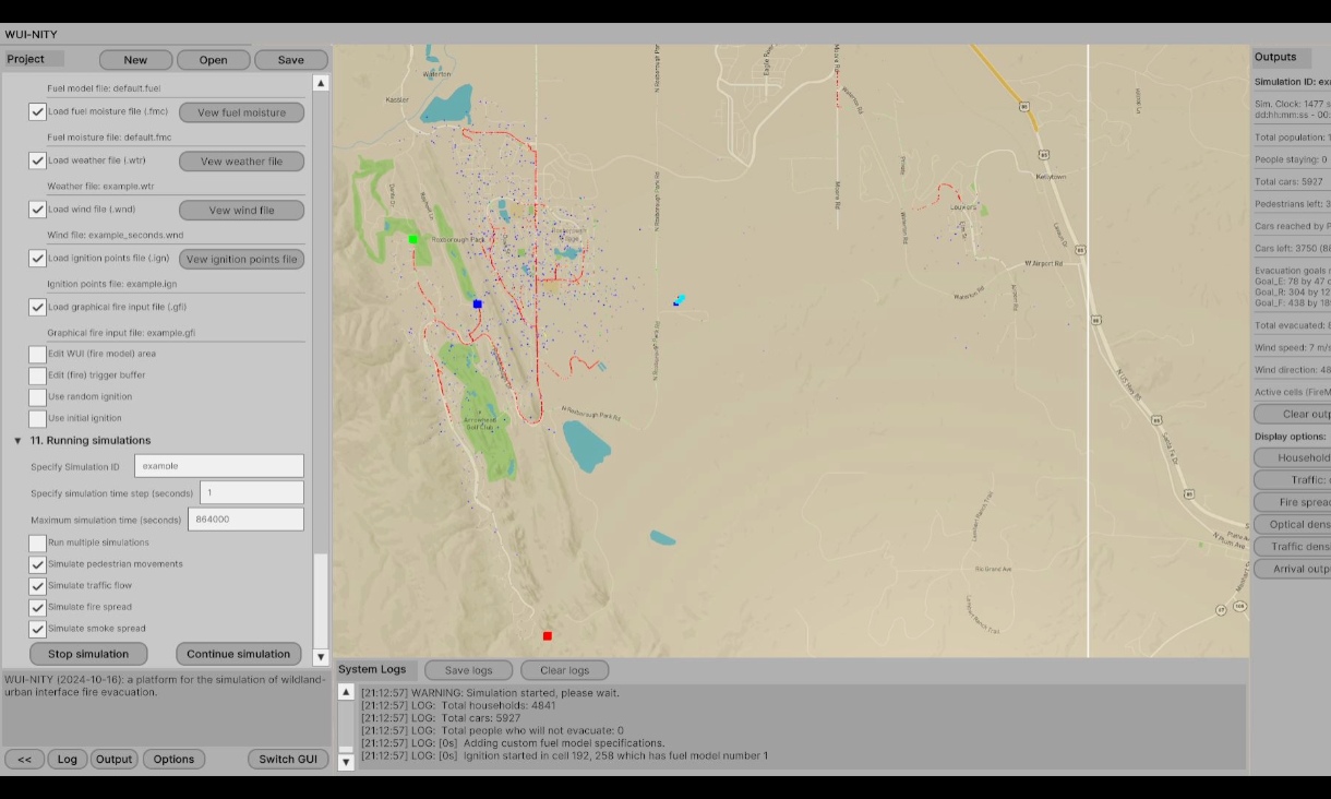 The simulator showing traffic congestion and other data to inform evacuation planning. 