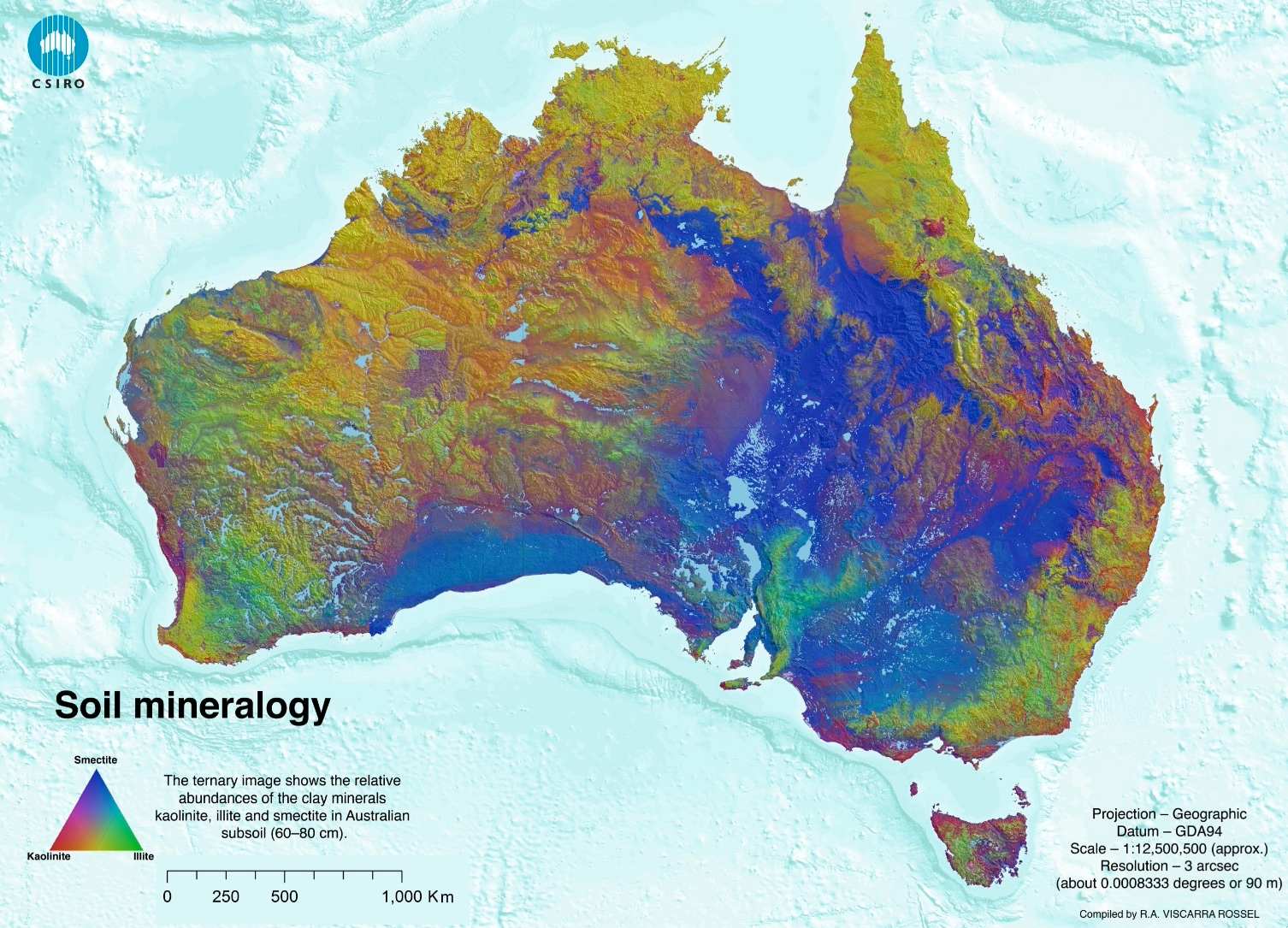 Map showing distribution of different clay types in Australia’s subsoil, with illite clay shown in green. Credit: CSIRO.