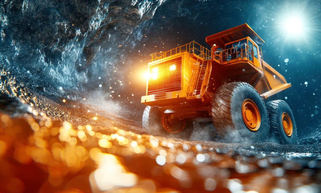 An mining truck travels across rocky terrain.