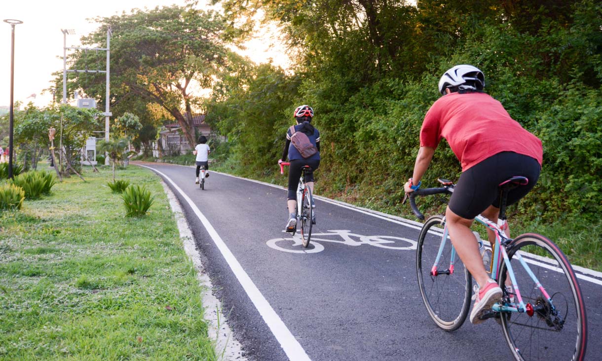 A family of three cycling on a bike lane that runs through a park.