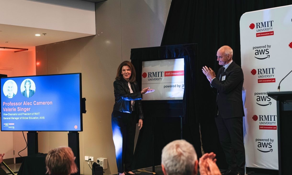 Professor Alec Cameron and AWS General Manager, Valerie Singer unveil a plaque together.
