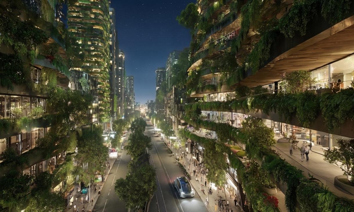 An AI generated image of a beautiful city, with lush greening at dusk