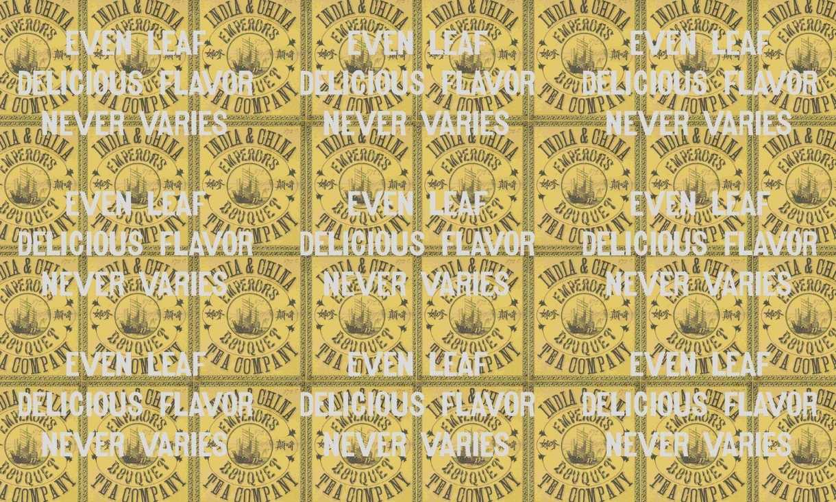 Different text is oriented is grey and white text over a yellow background. The grey text reads 'India & China. Emperor's Bouquet Tea Company'. The white text reads 'even leaf. delicious flavour. never varies'.