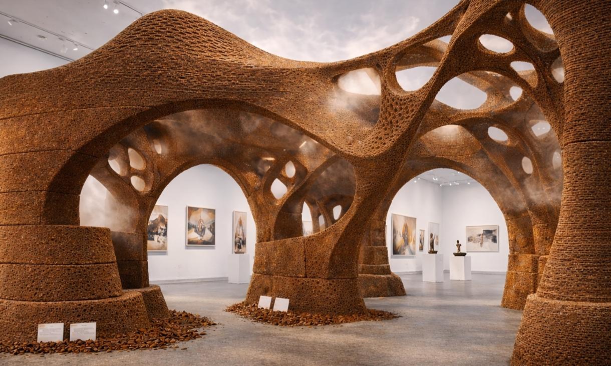 an organic structure is displayed in a white room. Its roof is shaped like moving water