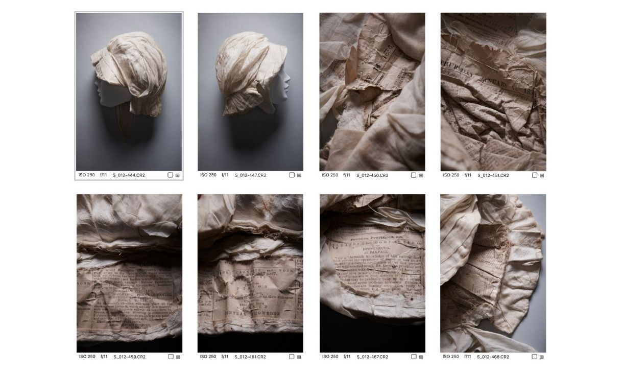 a series of eight images are lined up against a white background, featuring different angles of the beige bonnet and it's handiwork