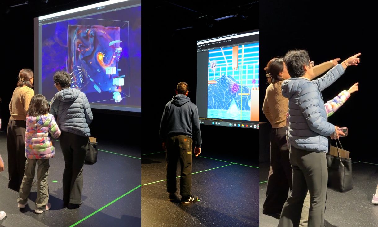 three images show people interacting with large displays