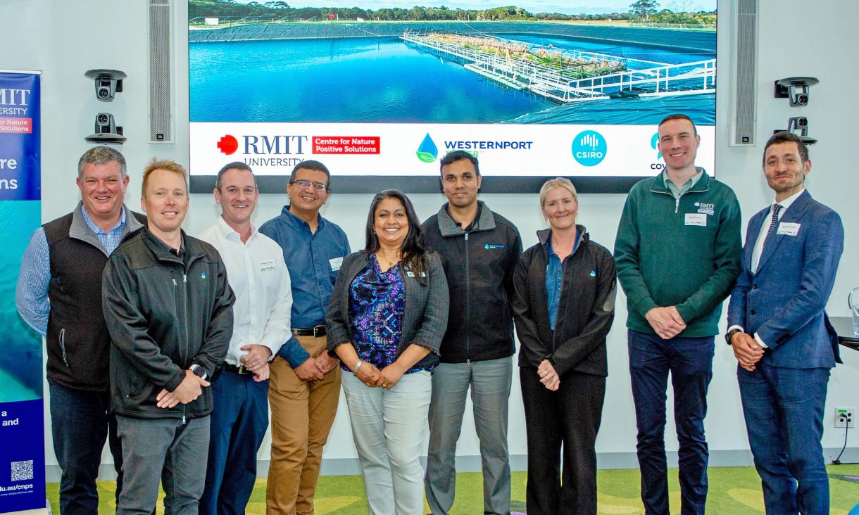 The collaborative project team, including Westernport Water's Dona Tantirimudalige pictured centre and CSIRO's Dr John Awad fourth from the left.