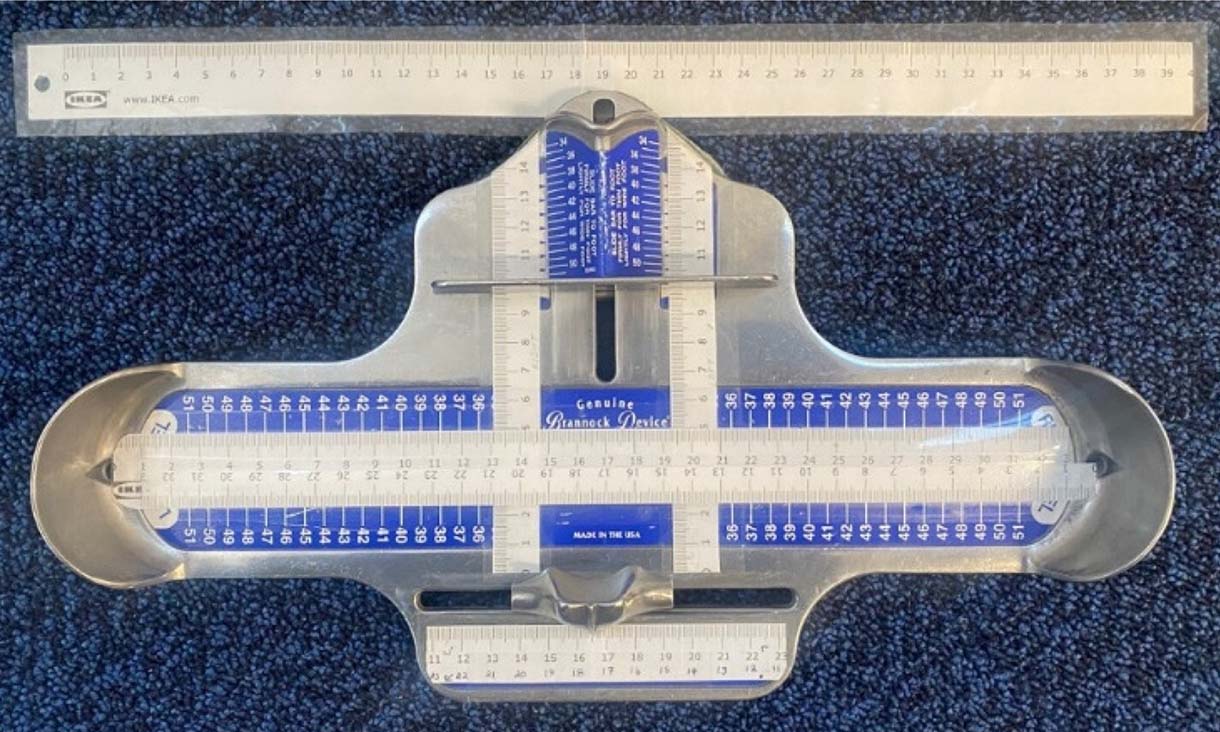 The modified Brannock device and measuring tape used in the study.