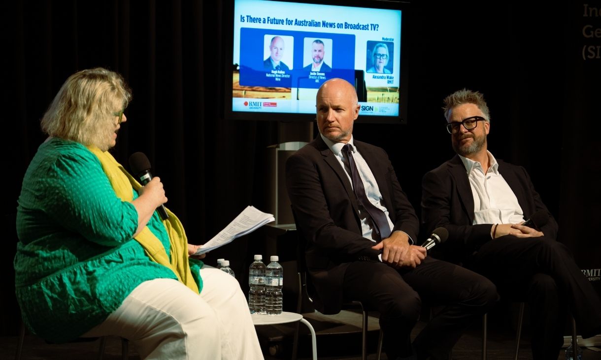 (L-R) Professor Alexandra Wake moderated the 'Future for Australian News on Broadcast TV' panel with National Nine News Director Hugh Nailon and ABC's Director of News, Justin Stevens. Image: Mairead Foley