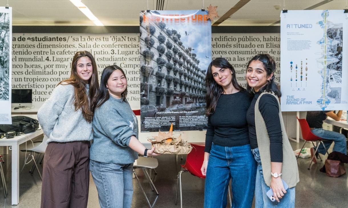 L-R: Students Matilde de Grenet (Polimi), Berta Cruells (Elisava), Camilla Cristante (Polimi), and Rhiya Bhatia (RMIT MDIT) during their final studio presentation at Elisava Barcelona School of Design and Engineering.