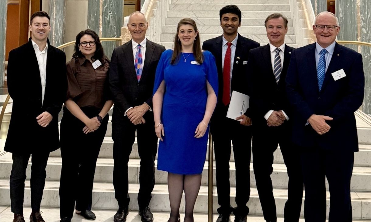 Dr. Brianna Chesser attends the Fullbright Gala Presentation Dinner at Parliament House with RMIT Vice Chancellor, Professor Alec Cameron and Deputy Vice Chancellor, Research & Innovation, Callum Drummond, and fellow guests. 