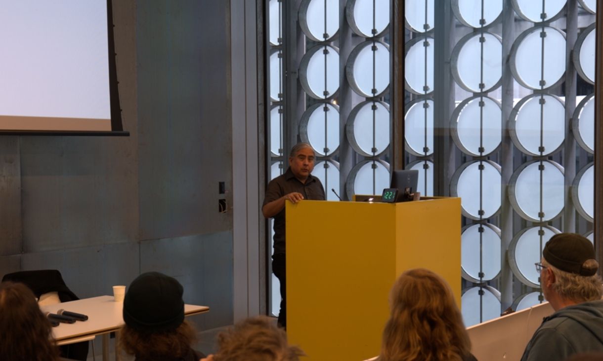 Raven Chacon speaking at the Design Hub 