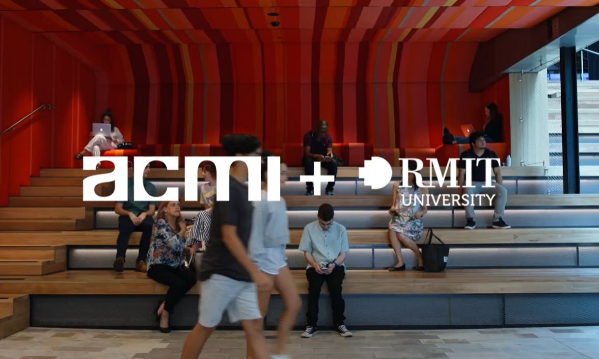 A still of people sitting on a bench with the ACMI and RMIT logos hovering over them.