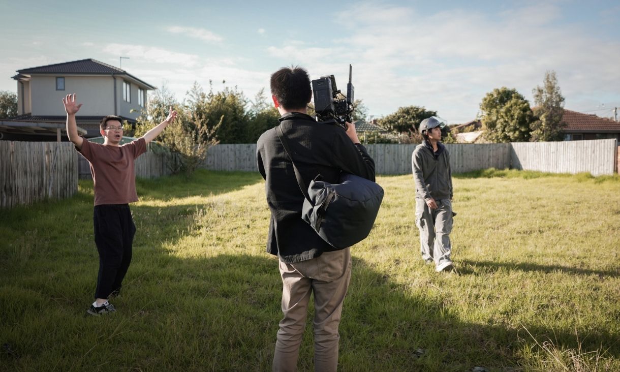 A camera crew films a man wearing a motorbike helmet walking through a vacant block of land within a suburb