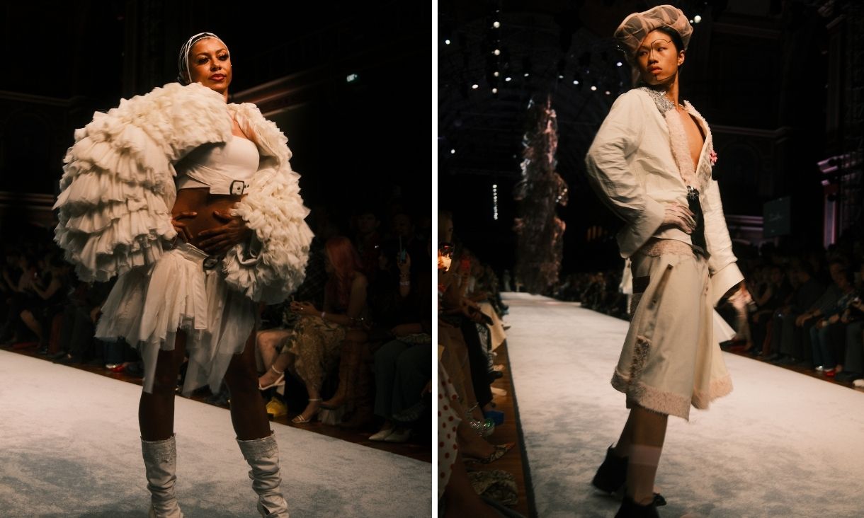 two images of the grad runway depict models wearing white frilly outfits and posing under lights on a light blue runway.