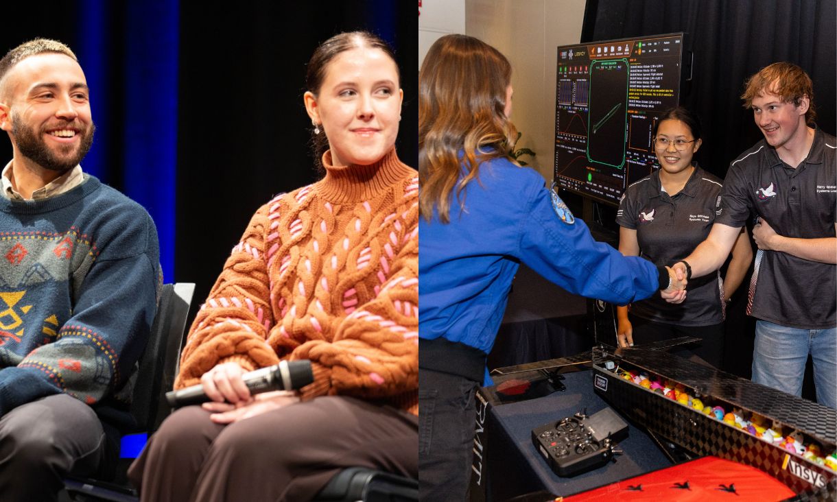 Two images spliced together. On the left, an image of students Nicholas and Ciara in a panel discussion. On the right, Katherine Bennell-Pegg greeting members of the RMIT's student-led rocket team HIVE.
