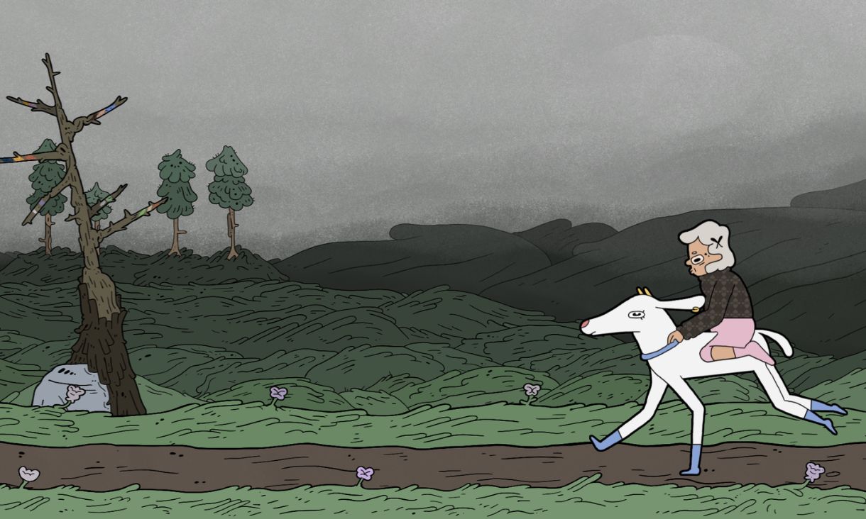 A character rides a white goat in a dark field.
