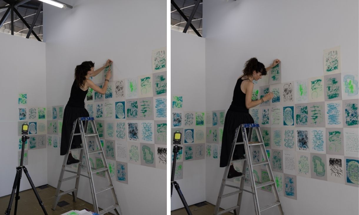 Two photos of Elena up a ladder, installing artwork in the gallery.