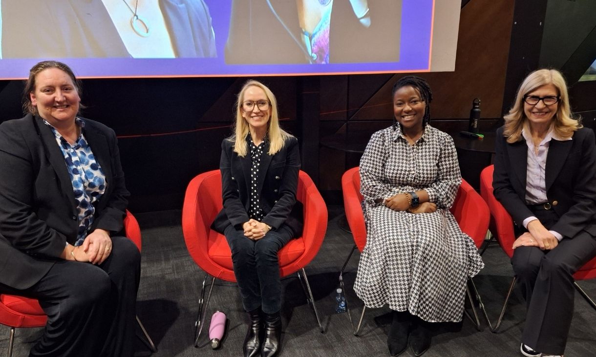 From L-R: Professor Cassandra Szoeke, Dr Julie Stevens, Pharmaceutical Society of Australia Victoria President Atinuke Abraham, Deputy Vice-Chancellor STEM College Professor Catherine Istiopoulos.