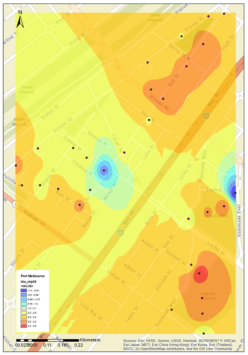 The urban heat island (UHI) profile of Port Philip Neighbourhood Centre on 24 February 2019, with the colours representing UHI intensity, calculated by subtracting the air temperature of the reference meteorological station from the air temperature measured by the citizens at each location (black dots on the map) on 24 February 2019, between 1:00-3:00pm.