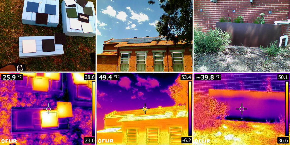 Infrared thermal images (bottom row) of samples building materials and buildings (top row).