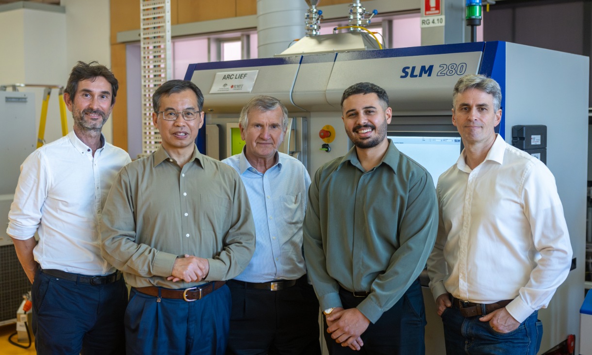 The project team: Associate Professor Andrey Molotnikov, Distinguished Professor Ma Qian, Distinguished  Professor Milan Brandt, Dr Jordan Noronha and Professor Martin Leary at RMIT's Centre for Additive Manufacturing. Credit: Sara Tan, RMIT.