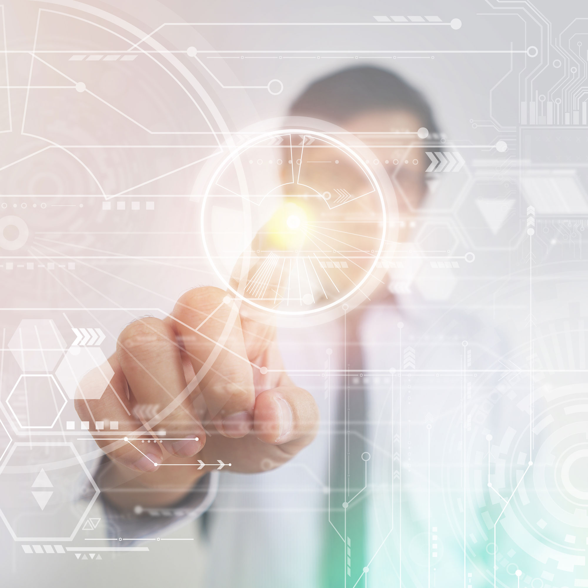 Image of a business person pushing a button on a digital screen