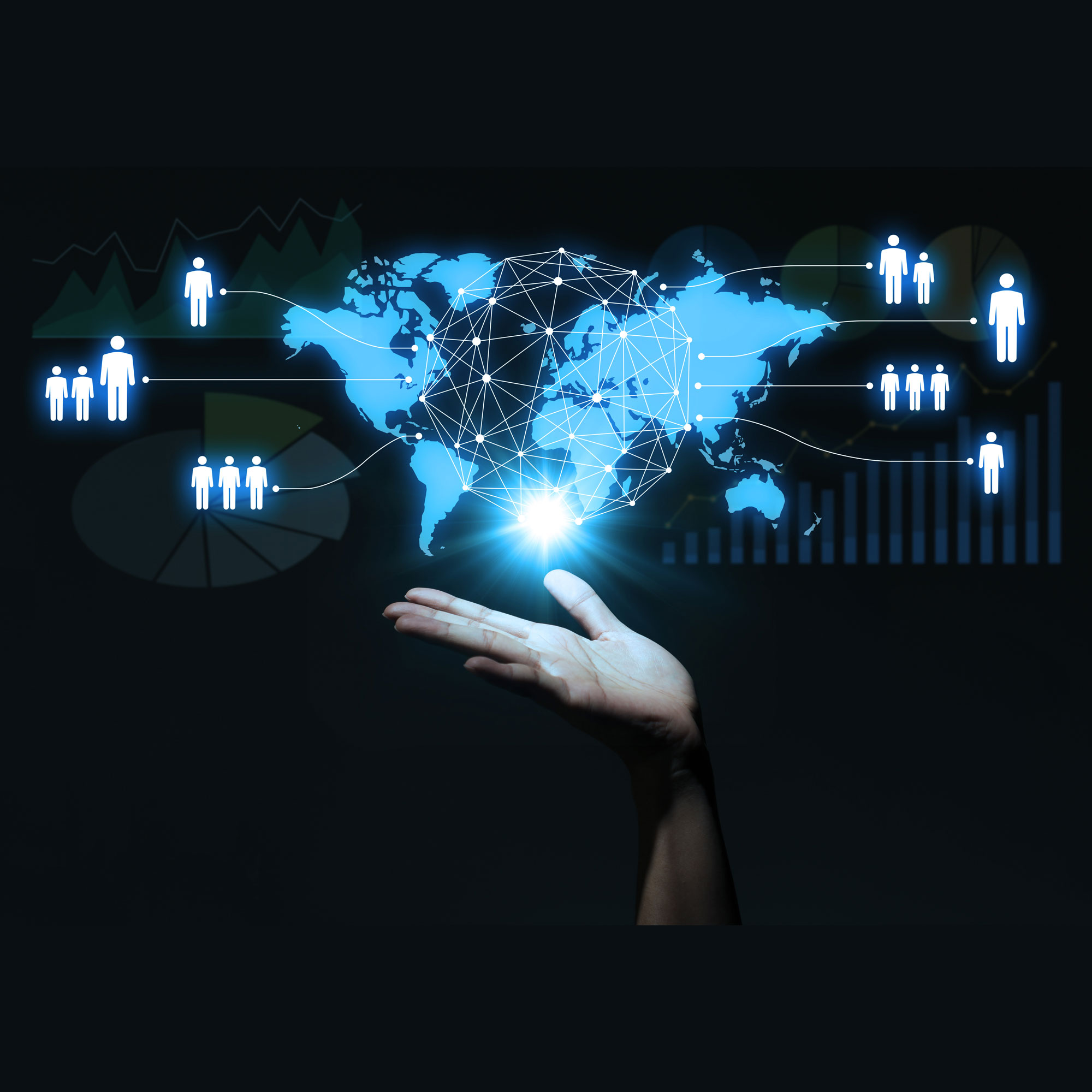 Image of a world map on a screen with a blue light behind it