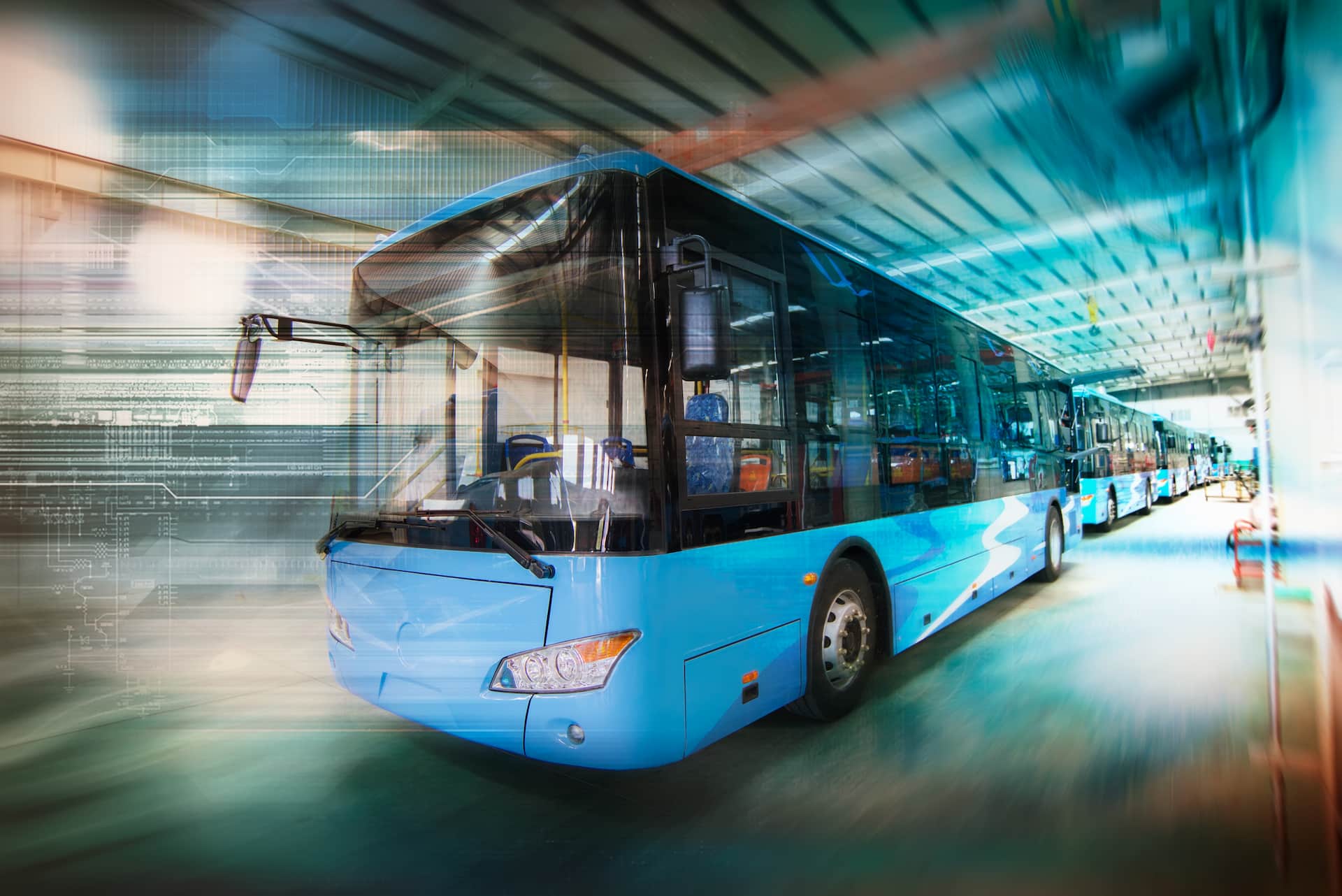 Line of blue electric buses driving on road