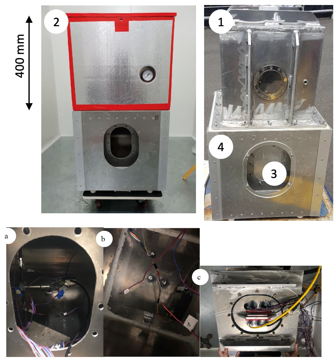 Collage showing inside and outside of two metal apparatus boxes