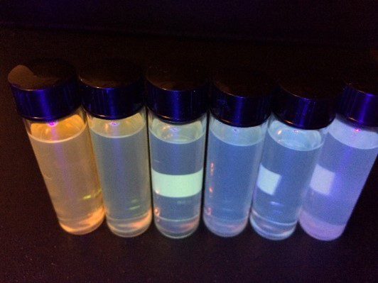(a) Semiconductor quantum dot solution with increasing Cu²⁺ concentration under UV light