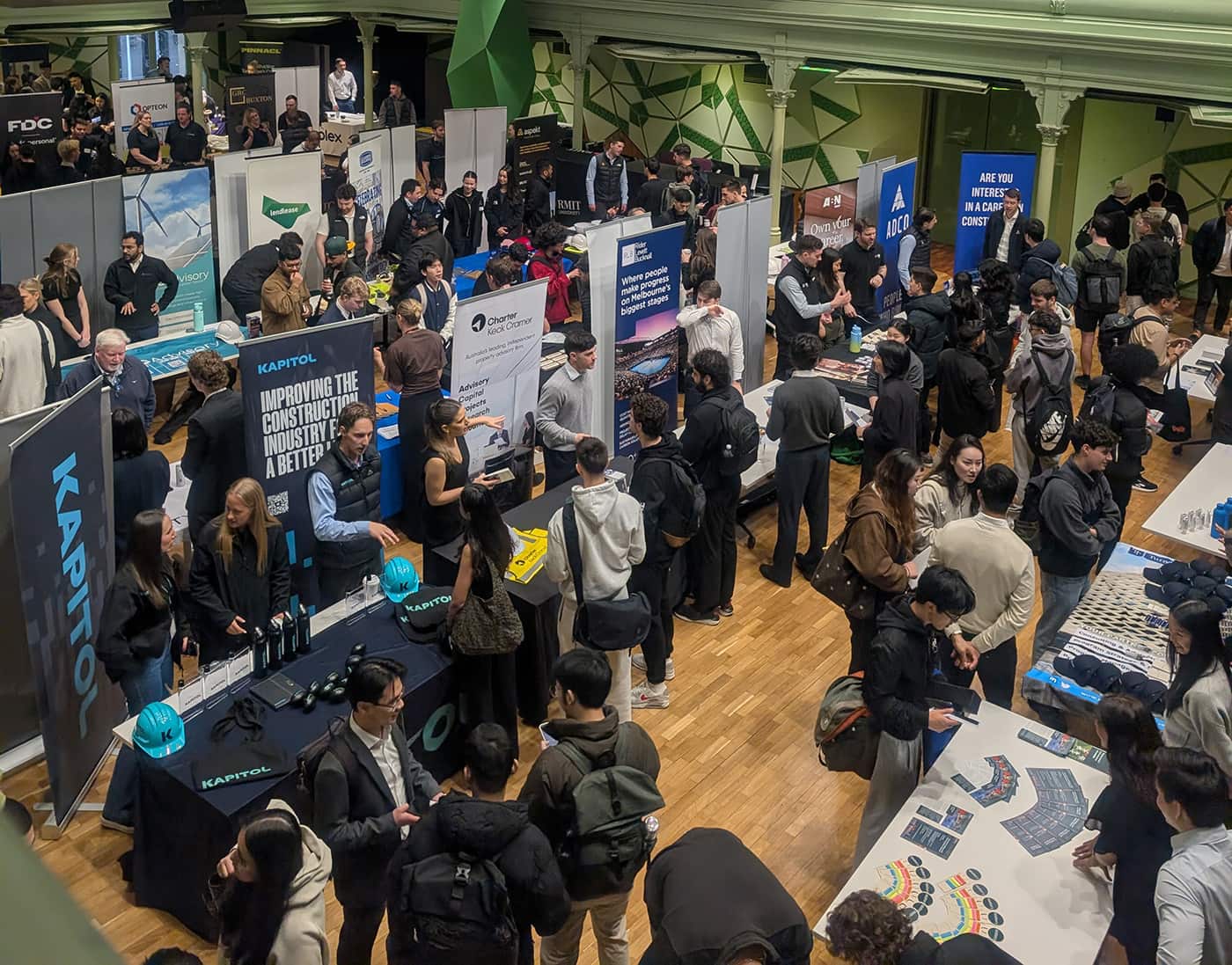 A large group of people at the PCPM careers fair as seen from above.