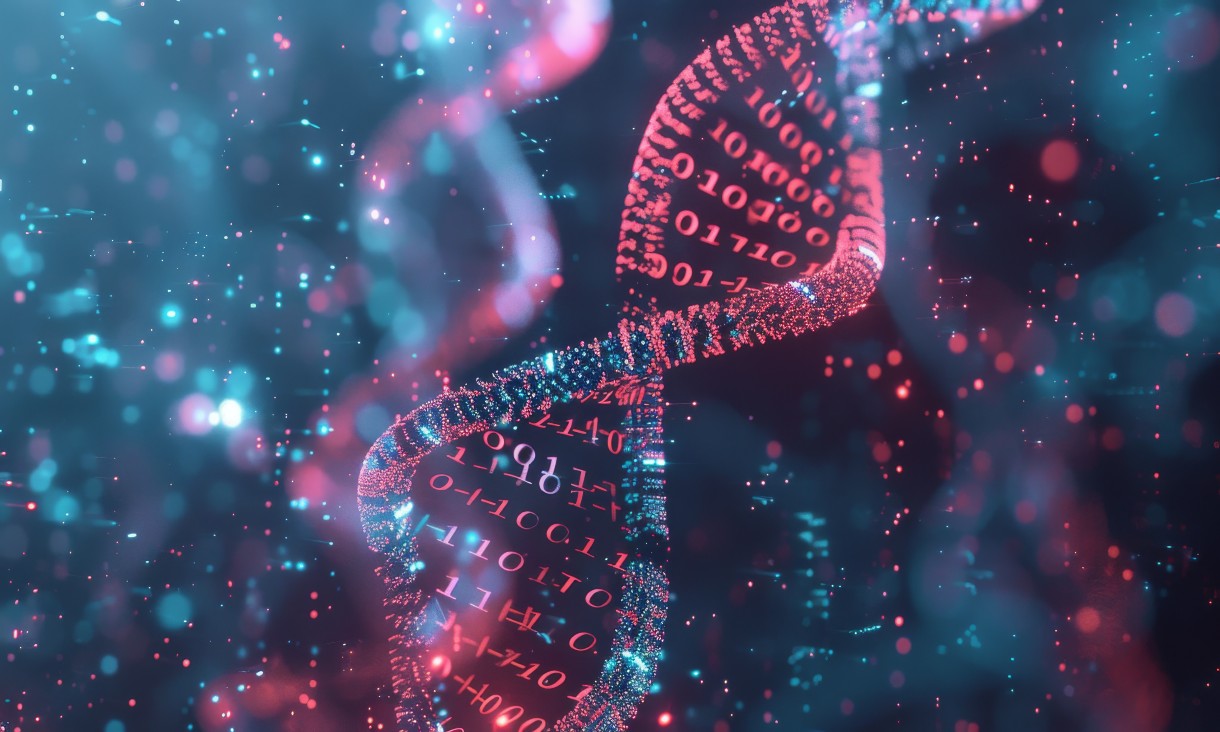 A DNA helix with binary code embedded in it, glowing amidst a backdrop of abstract lights.