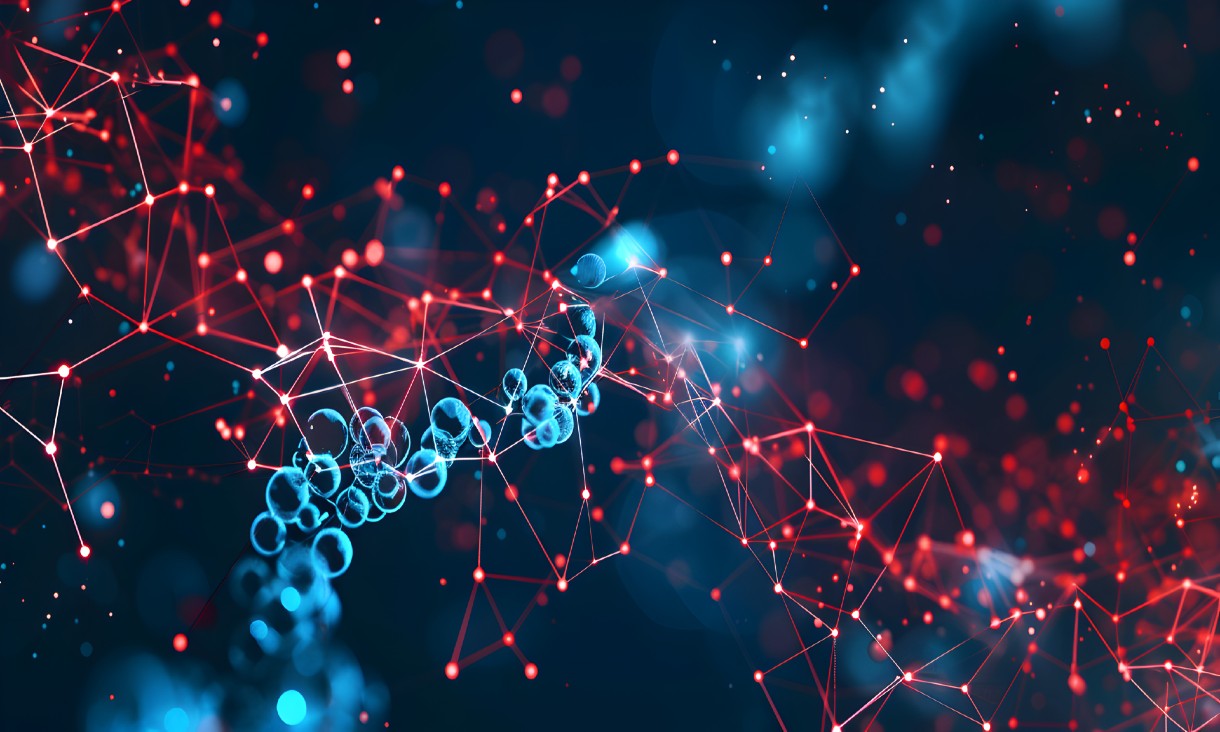 Abstract digital illustration of blue molecular structures intertwined with red connecting lines on a dark background.