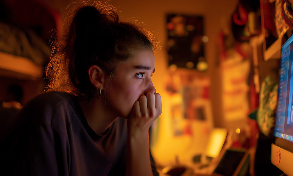A sad and lonely teenage girl at night staring at a computer screen in a dimly lit room, reflecting cyberbullying and emotional pain