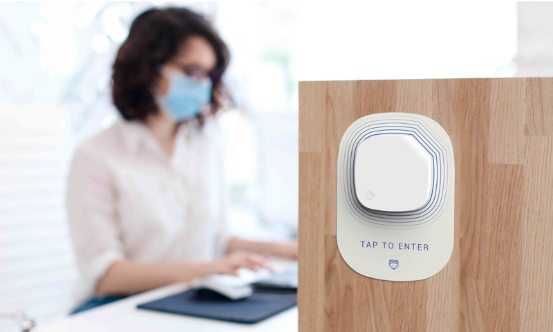 Concept image of the Soterius Scout biosensor, fixed to an office wall to detect minute fragments of COVID-19. Image: Soterius