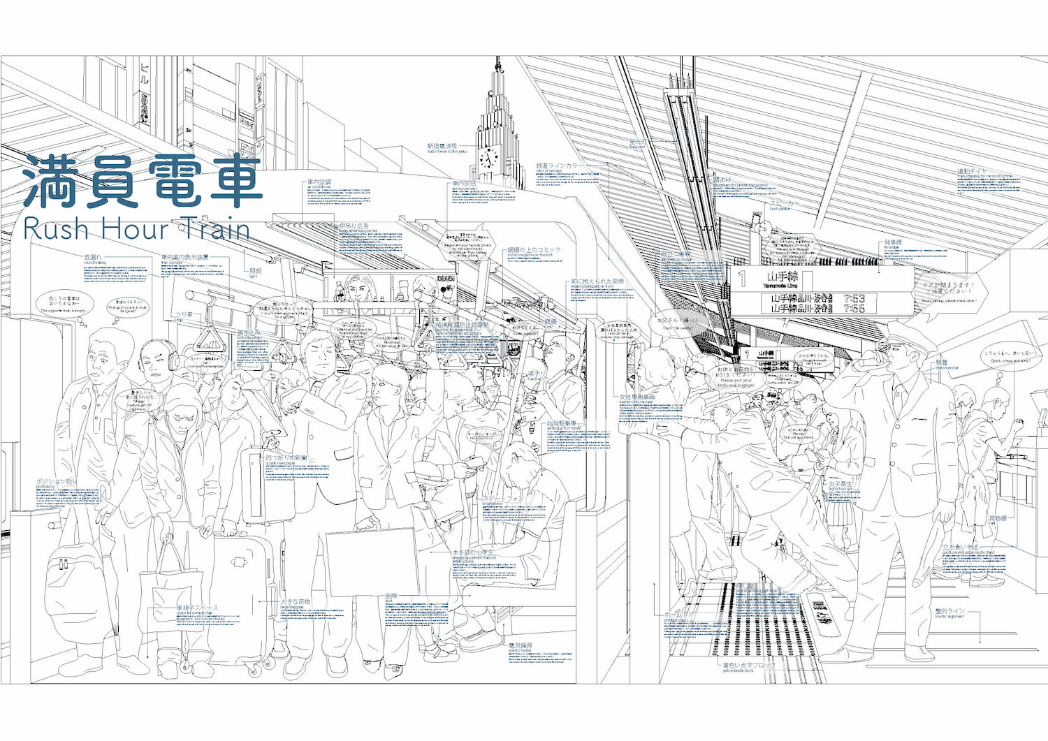 An illustration of a cross-section of a train at a platform in Tokyo's rush hour