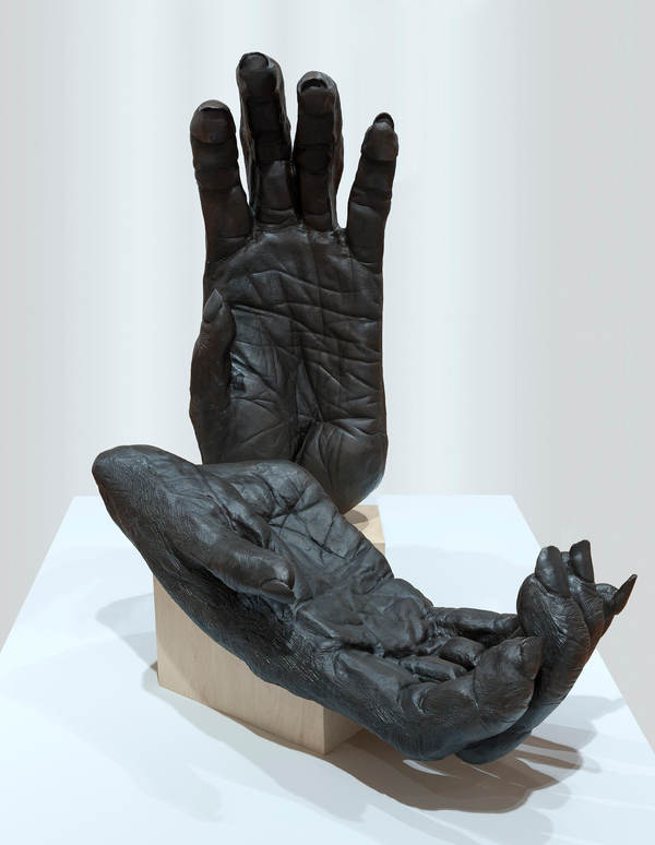 A large sculpture showing the open palms of two black Chimpanzee hands