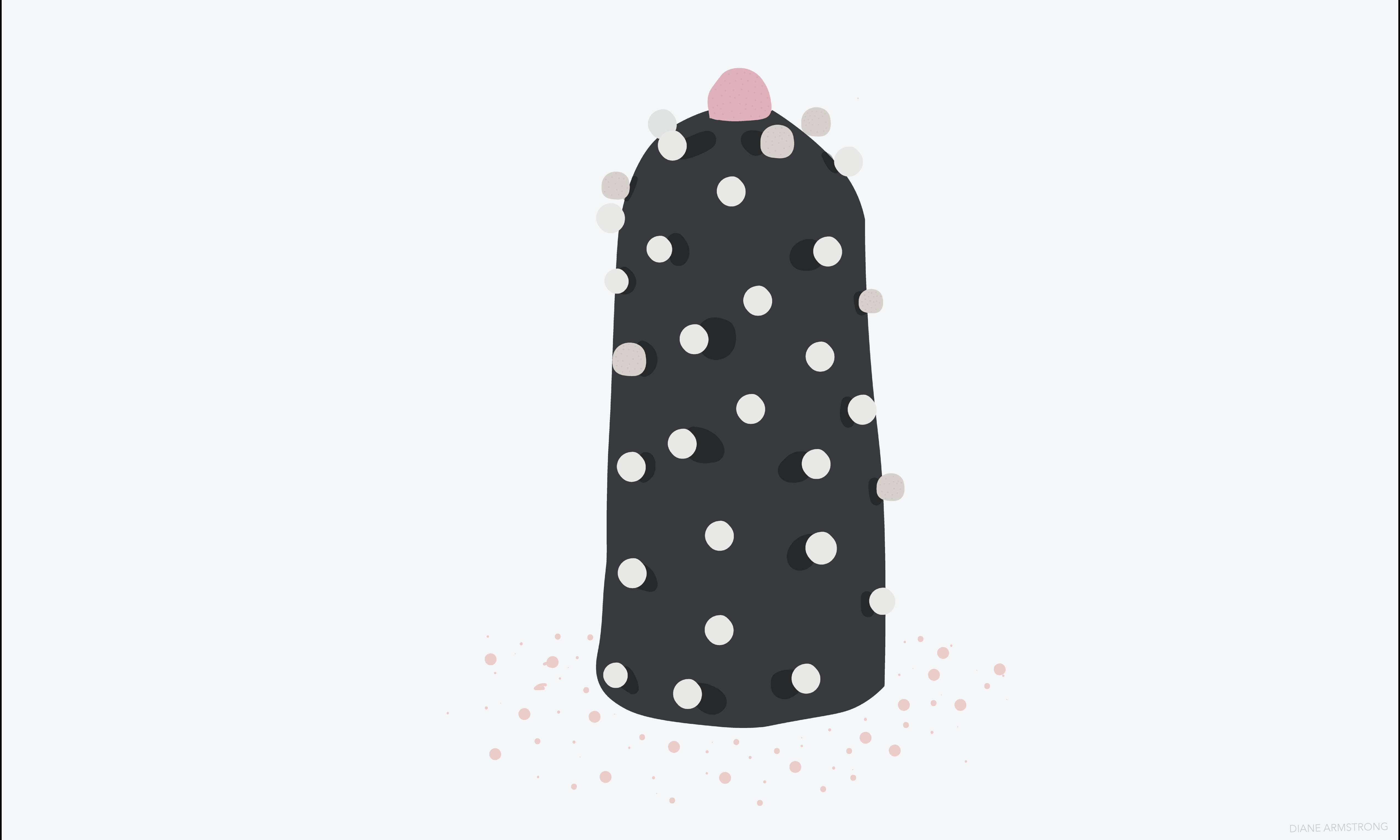 An illustration of tall, black dome shaped ceramic object with white dots scattered across and a larger pink spot on top. 