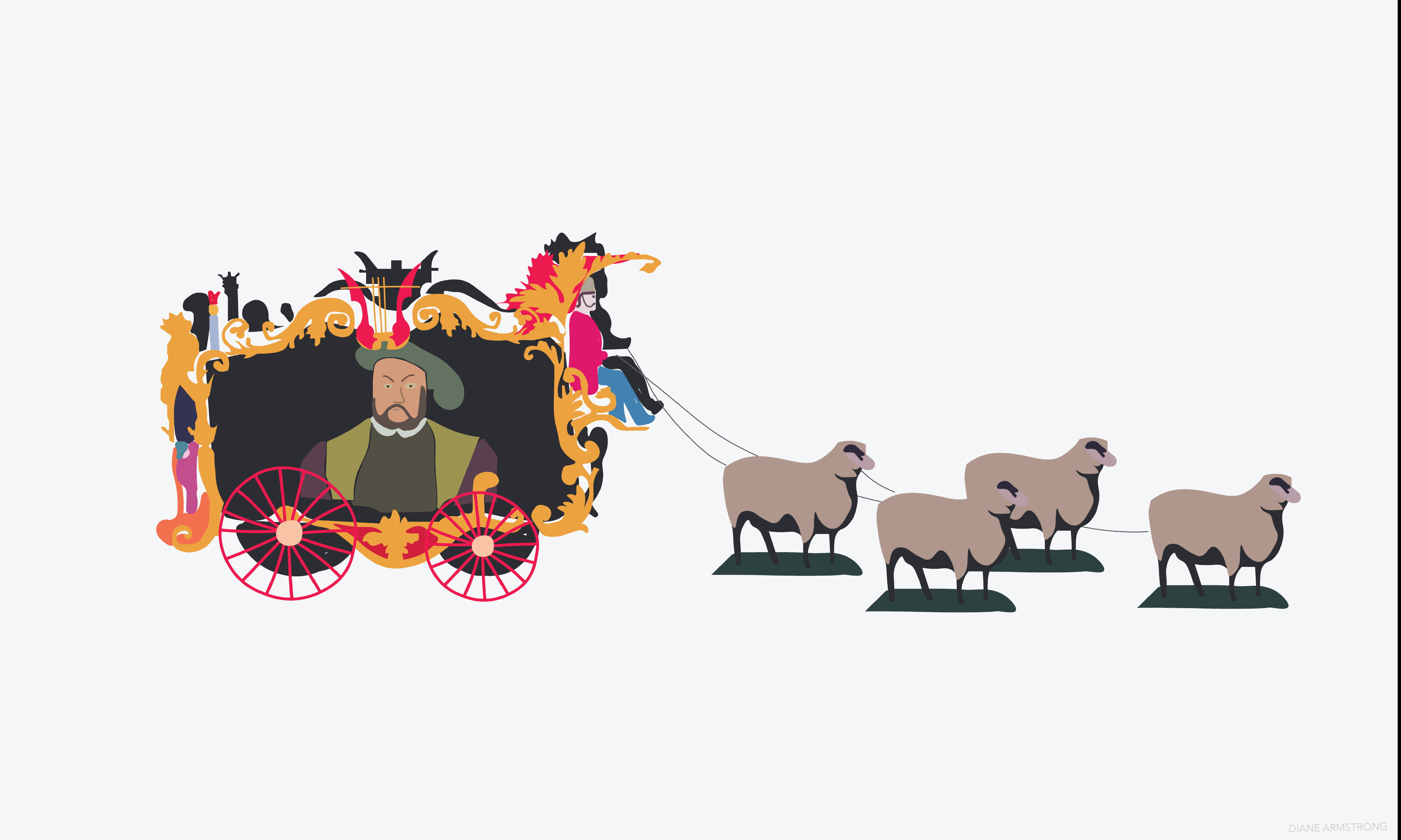 A digital illustration of colourful Henry 13th figurine in an ornate carriage with four sheep pulling it along. 