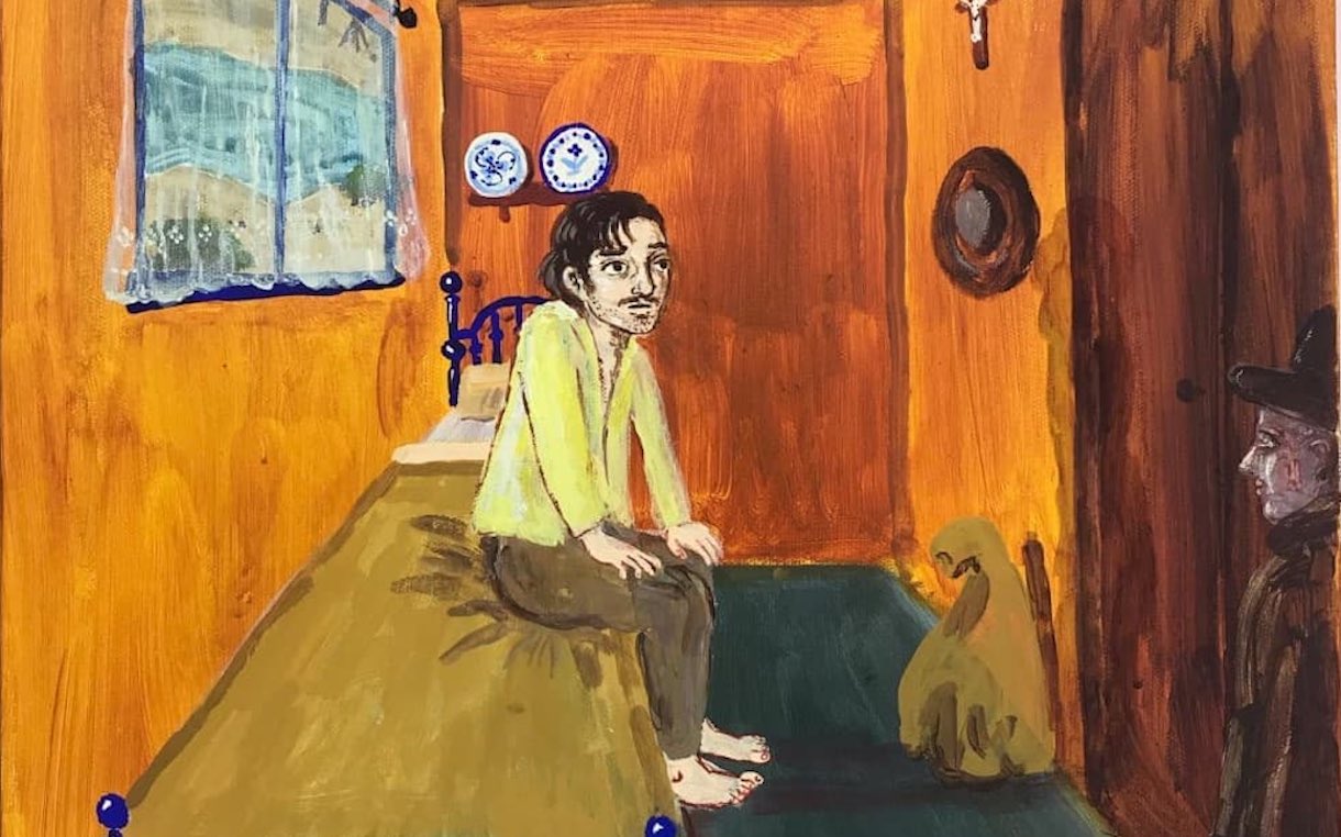 detail from 'brother bride' painting showing a man sitting on a bed in an orange room