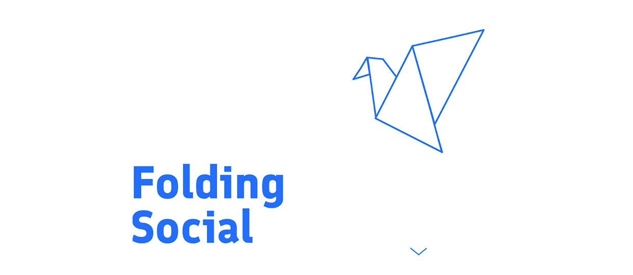 Text that reads ‘Folding Social’ and a graphic line drawing of a paper crane in blue 