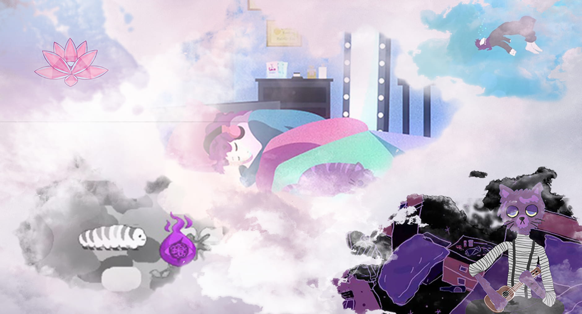 Purple-pink clouds are simulated with different scenes, including someone asleep in bed, a grab in the earth, a person falling in the sky and a cat playing guitar.