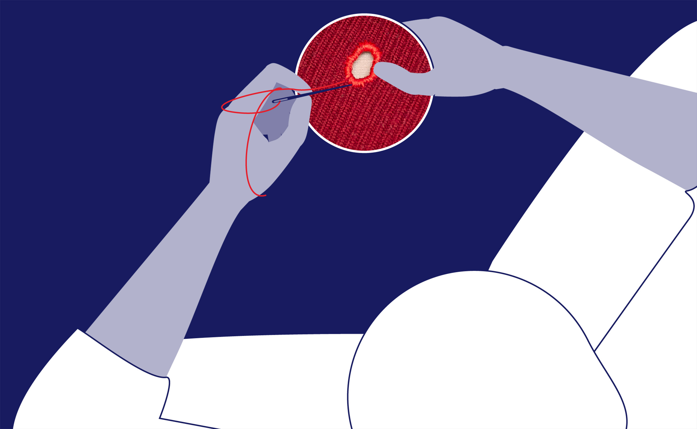 A graphic depiction of a person from the viewpoint of above the person – they have their legs crossed and are mending some fabric with their hands. They’re holding a needle and sewing into a red piece of fabric with a hole in it. 