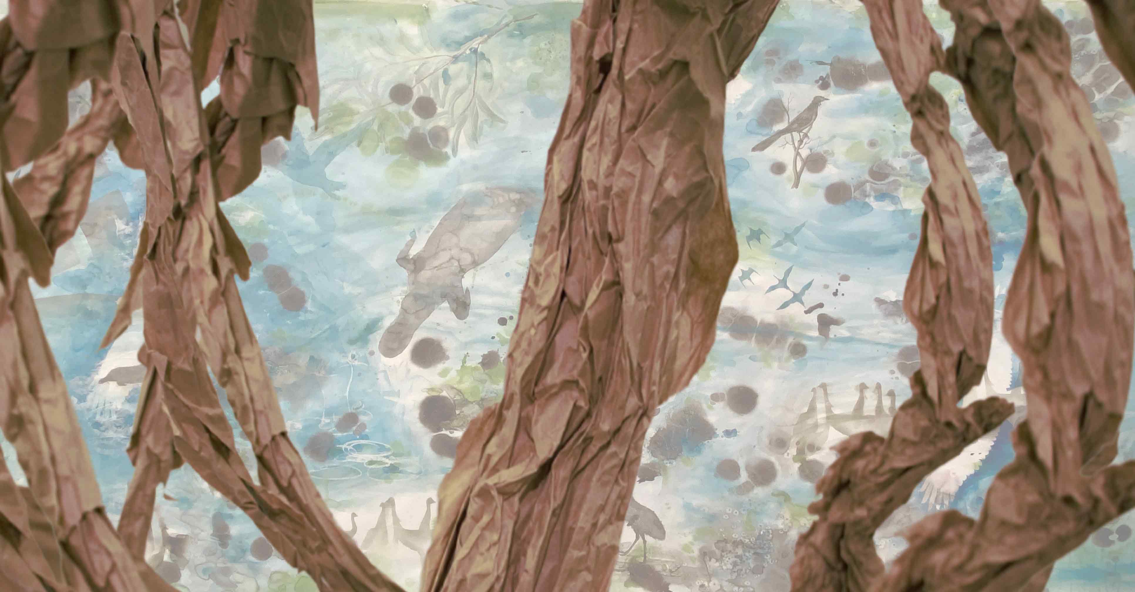 Scrunched up pieces of paper form what looks like tree roots that are scattered across the foreground of the image while in the background there’s a blue and green wash of watercolour with stones, water plants and a platypus painted on a indistinguishable surface. 