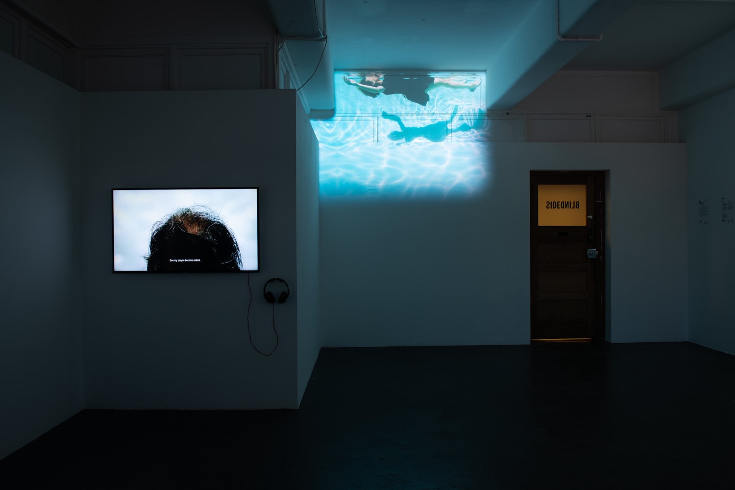 Gallery room with screen on left and projection of underwater image on wall and roof