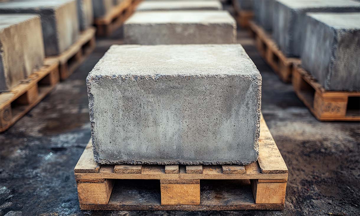 Large concrete block on a pallet at an industrial site.