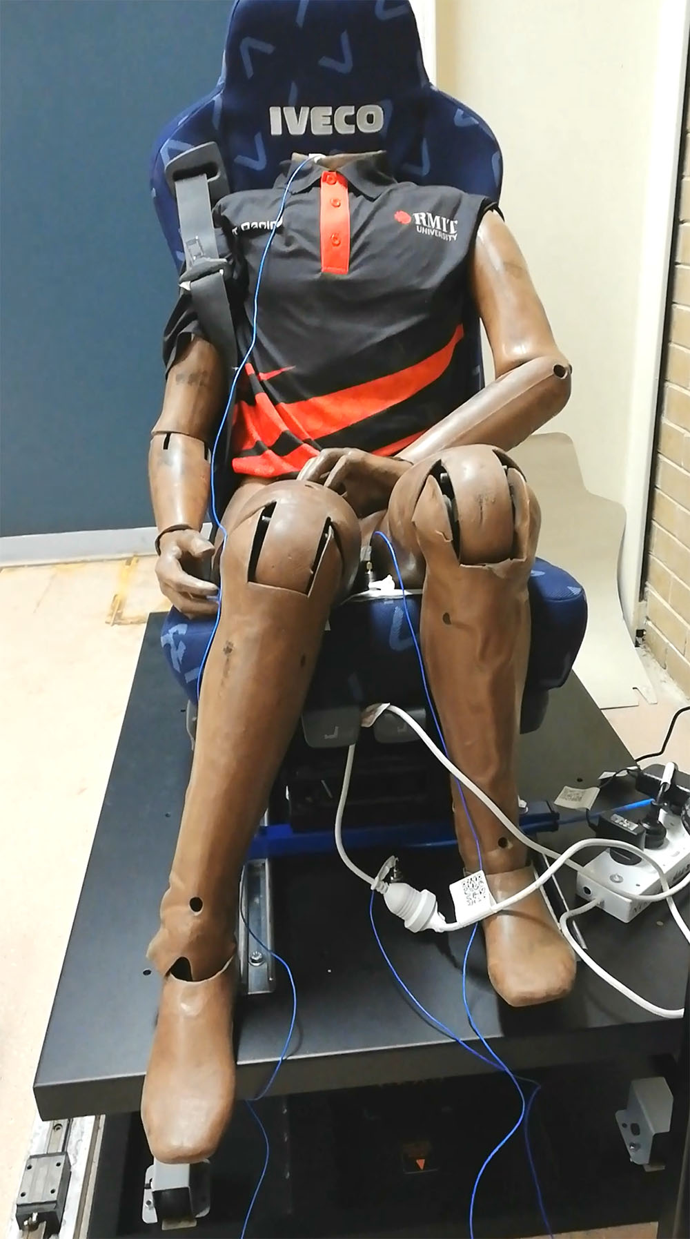 Manikin seated on a truck seat excited by CKAS motion platform is used to study comfort and ergonomics of commercial vehicles (ARC LP1601001329).