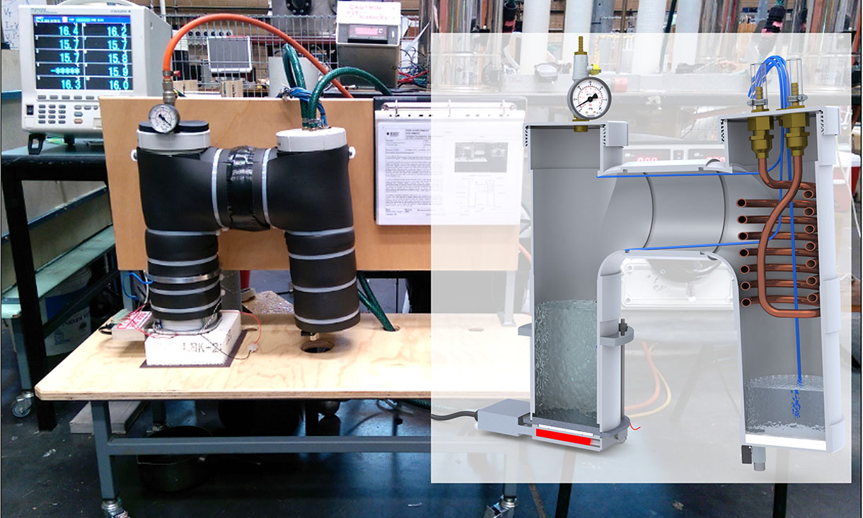 The image shows the experimental setup for a combined desalination and power generation system utilizing low-temperature thermal energy. It features a two-phase turbine equipped with converging-diverging nozzles to enable simultaneous freshwater production and electricity generation.